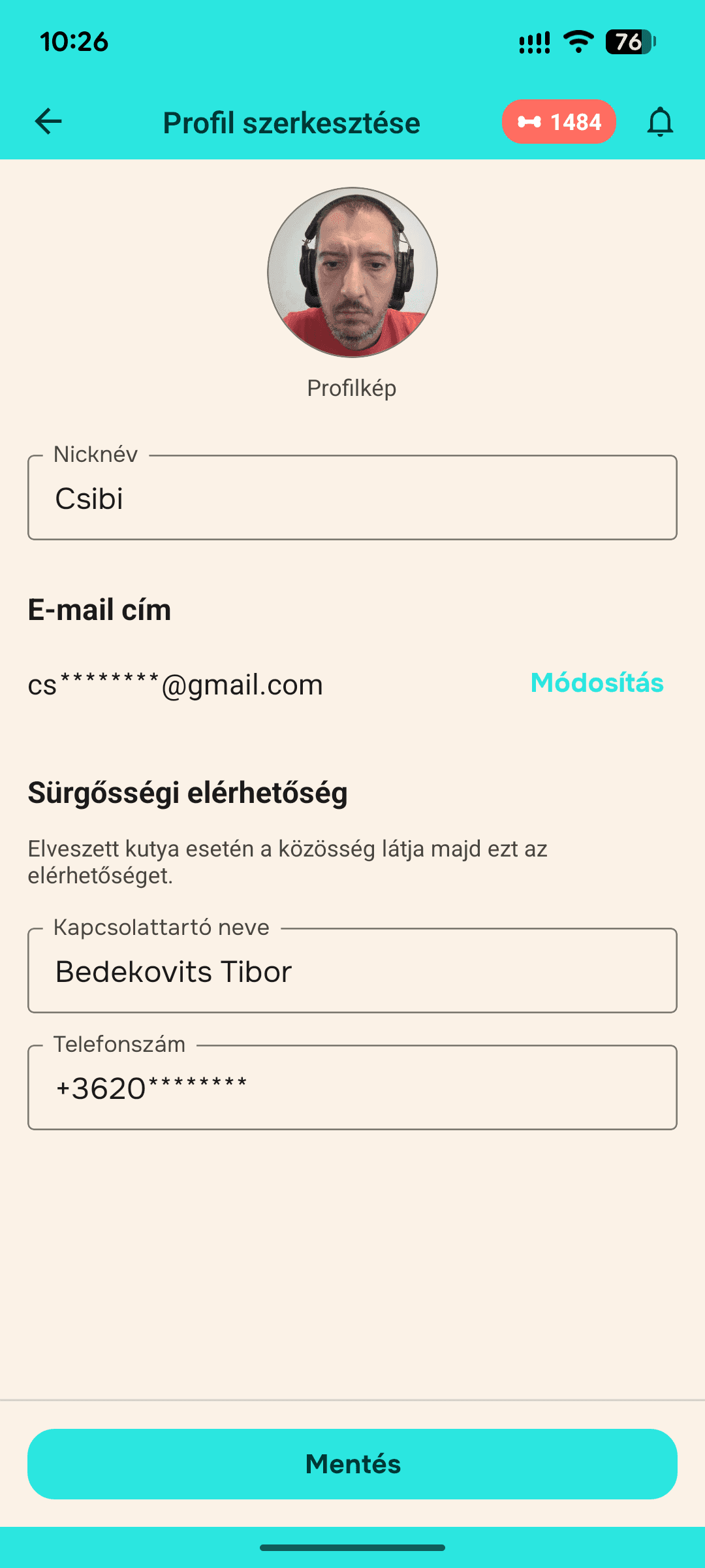 Profil szerkesztése Profil szerkesztő képernyő